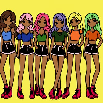 a group of girls wearing crop tops and shorts