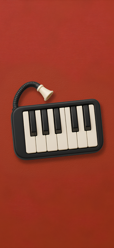 Professional Melodica - 3D render of a black and white melodica instrument with a flexible mouthpiece on a textured red background