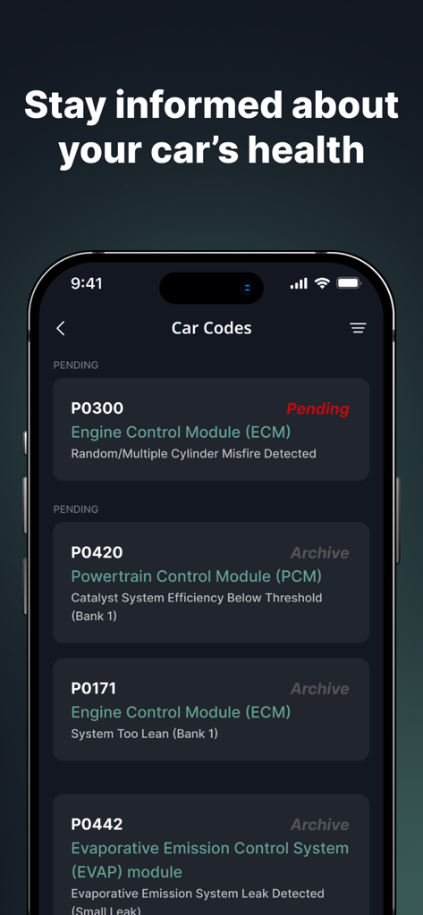 Car Scanner OBD2 Torque Pro - Smartphone app interface displaying diagnostic trouble codes and car health information