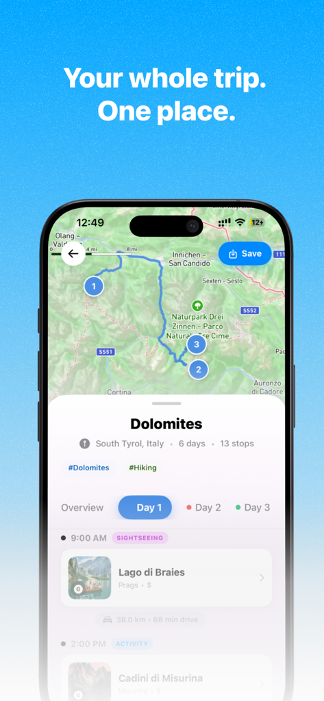 Vacay: Find Spots, Plan Trips - Interface do aplicativo Vacay exibindo um roteiro de viagem pelas Dolomitas com rotas de mapa e um cronograma de passeios diários