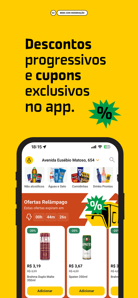 Zé Delivery de Bebidas - Ze Delivery app interface showing exclusive coupons and flash offers for drinks and snacks