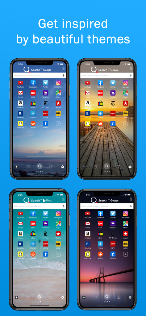 スマート検索＆Webブラウザアプリで利用可能な4つの異なるビジュアルテーマと背景画像のショーケース。