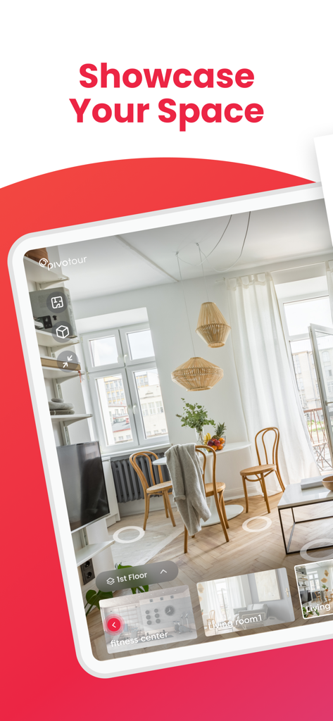 Pivo Tour - Pivo Tour 모바일 앱, 현대적인 아파트 내부의 전문가 수준 360도 가상 투어 표시