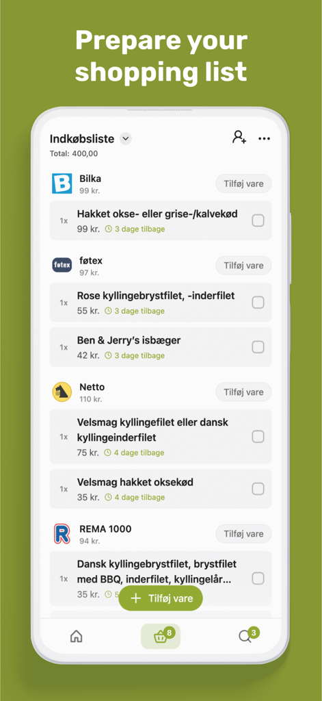 eTilbudsavis - 매장별로 정리된 특정 식료품 항목 및 가격이 포함된 디지털 쇼핑 목록을 표시하는 모바일 앱 인터페이스