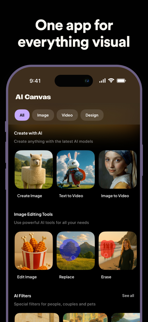 AI Canvas - AI Image Generator - AI Canvas app dashboard showing text-to-image and text-to-video creation tools