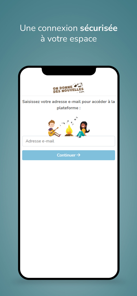 Secure login screen of the OnDonneDesNouvelles app featuring an email input field and an illustration of children at a campfire.