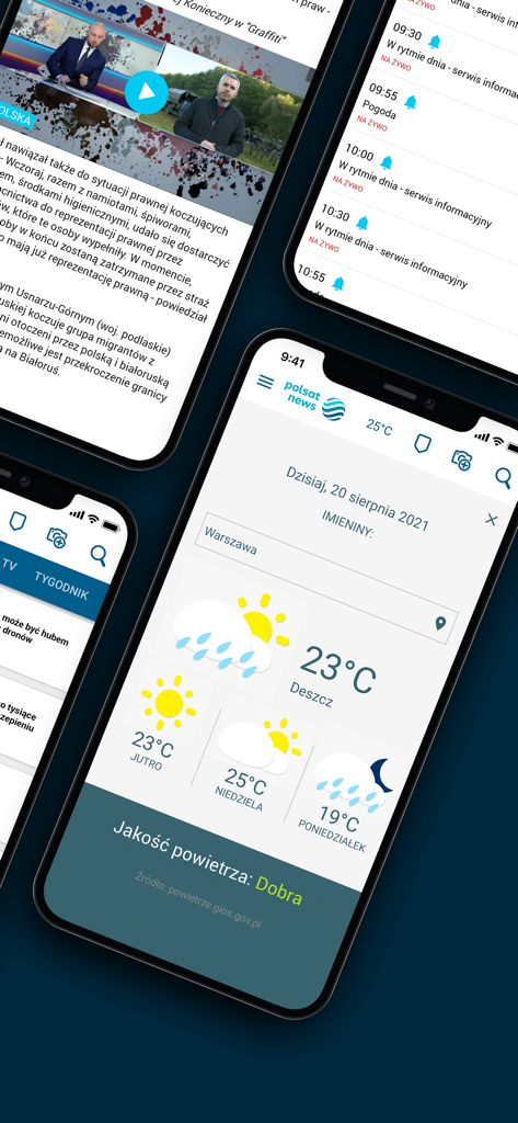 Polsat News - Multiple mobile screens of the Polsat News app showing news reports, a TV program schedule, and a weather forecast for Warsaw with air quality data.