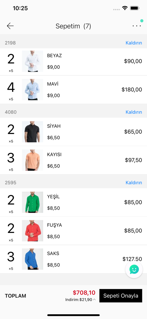 Redline - Interfaz de la aplicación móvil del carrito de compras Redline mostrando pedidos a granel de camisas de hombre al por mayor en varios colores