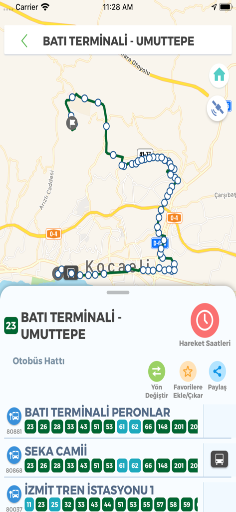 e-komobil - Visualização do mapa do aplicativo e-komobil exibindo uma rota de ônibus e uma lista de pontos de transporte em Kocaeli