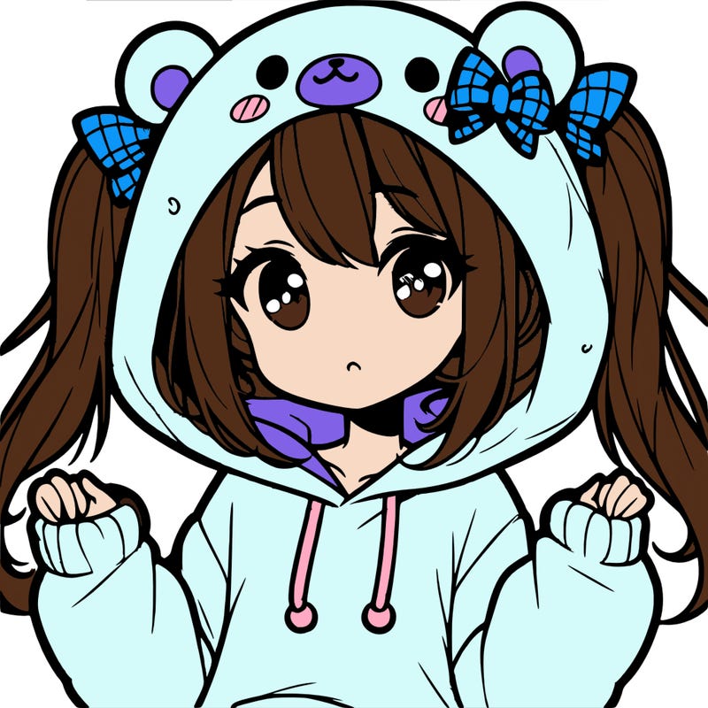 cute anime girl with ponytails and a cute bear hoodie