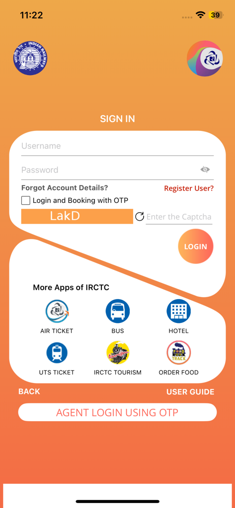 Login screen for IRCTC Rail Connect mobile app showing sign in fields and icons for air tickets buses and hotels