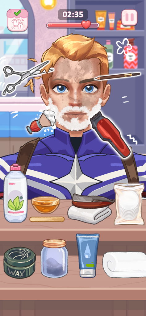 Cosplaydom - Personagem masculina em traje de super-herói passando por tratamento de higiene facial e cuidados com a pele com várias ferramentas de beleza