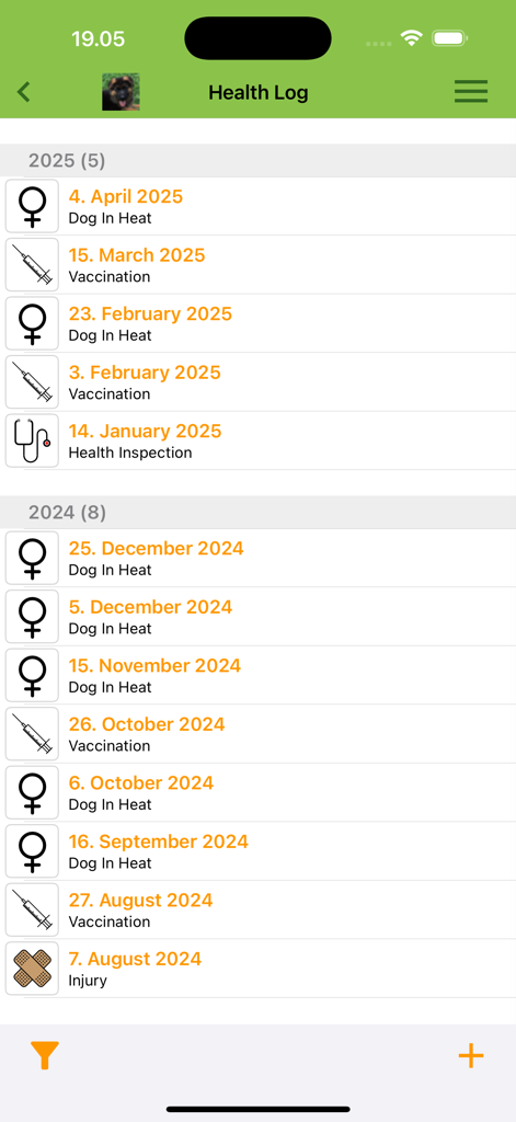 A chronological health log in the DogScroll app showing vaccination and breeding records for a dog
