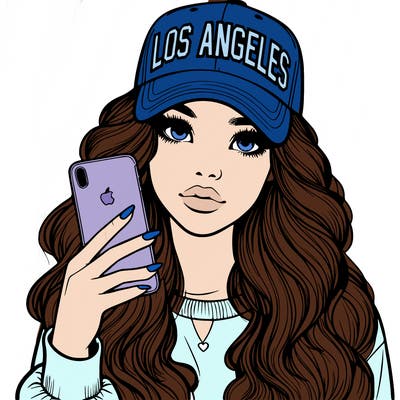 realistic beautiful girl wearing los ángeles cap holding an iphone