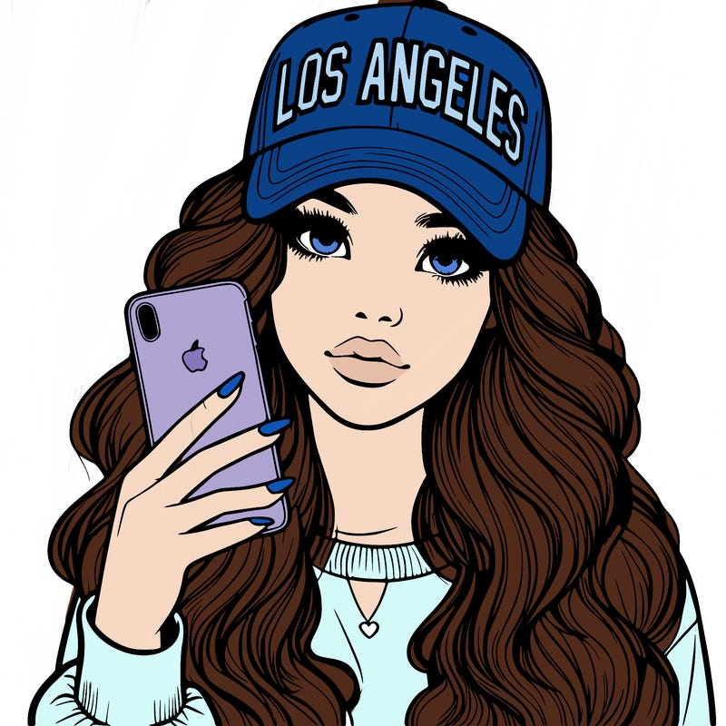 realistic beautiful girl wearing los ángeles cap holding an iphone