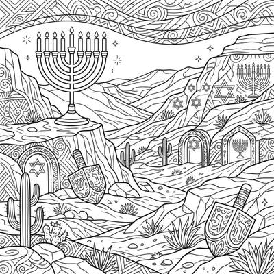 Journey to a unique Hanukkah celebration set amidst the breathtaking beauty of an arid desert valley. This intricate coloring page blends traditional Jewish symbols with striking natural landscapes for a truly special experience.