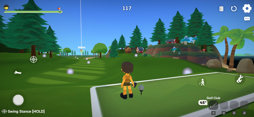 Super Battle Golf - Pantalla de jugabilidad móvil de Super Battle Golf que muestra a un personaje en un campo 3D listo para sacar.