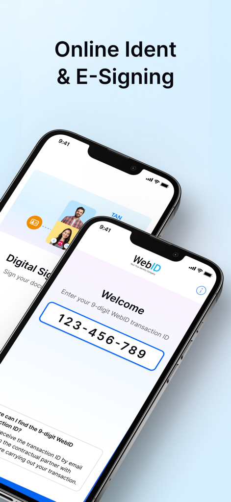 Screenshot dell'app My WebID che mostra le funzionalità di identificazione online e di firma elettronica su due smartphone.