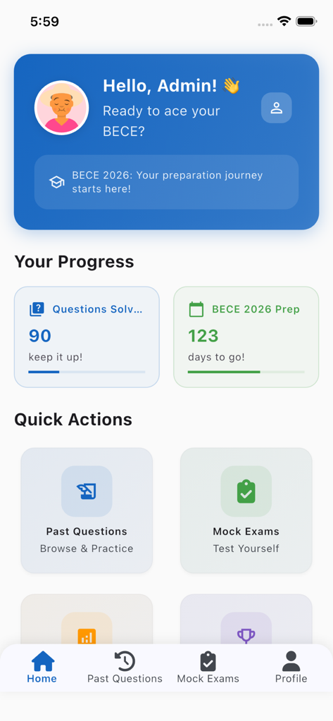 BECE Past Questions & Mocks - Tela inicial do aplicativo Questões Anteriores e Simulados do BECE exibindo o progresso do aluno e atalhos de preparação para o exame