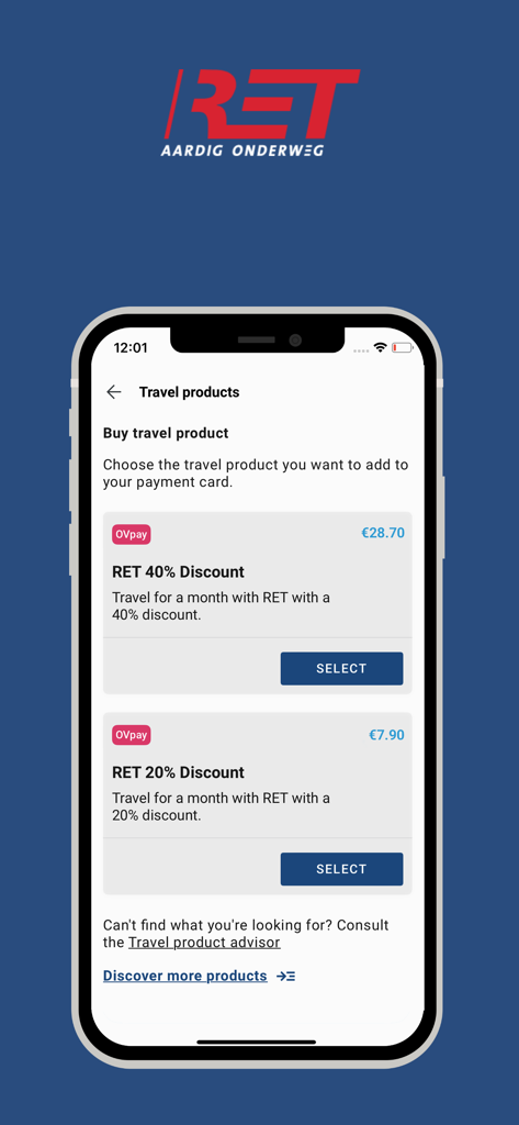 RET - RET 앱 인터페이스로 로테르담의 월간 대중교통 할인 옵션을 보여줍니다.