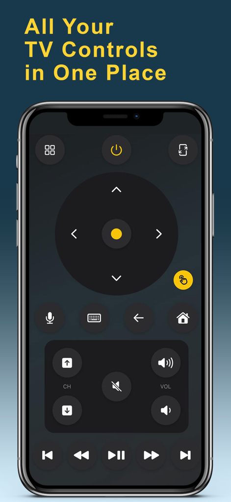 Universal TV Remote Control app interface displayed on an iPhone with buttons for volume channel and navigation