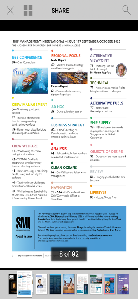 Ship Management International - Table of contents page of Ship Management International magazine showing articles on crew management, business strategy, and alternative fuels.
