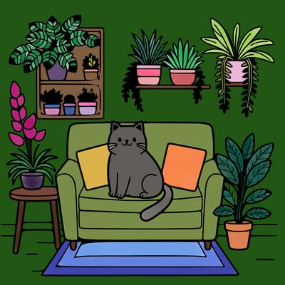cat on a sofa in a room full of plants