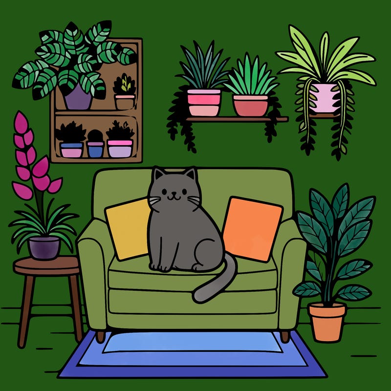 cat on a sofa in a room full of plants