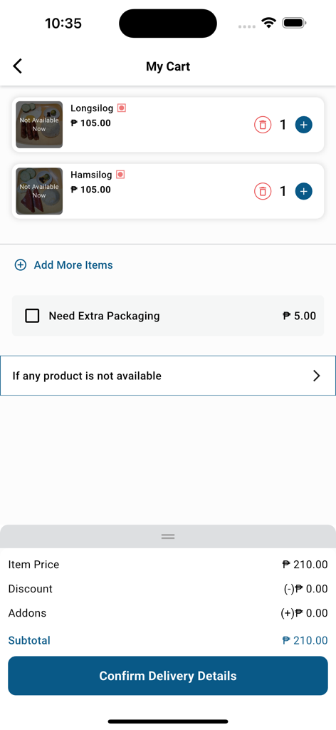 Shopping cart interface of Aly Express app showing food items and checkout details