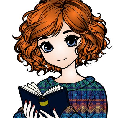realistic girl with short curly hair holding a book
