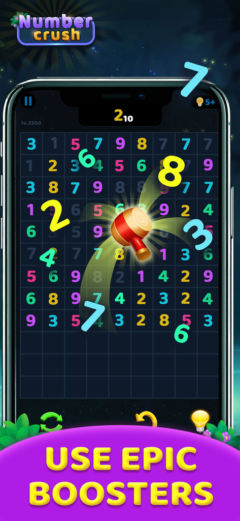 Number Crush: Match Ten Puzzle - 화려한 그리드의 숫자를 지우기 위해 망치 부스터를 사용하는 넘버 크러쉬 텐 매치 퍼즐의 게임 플레이 스크린샷
