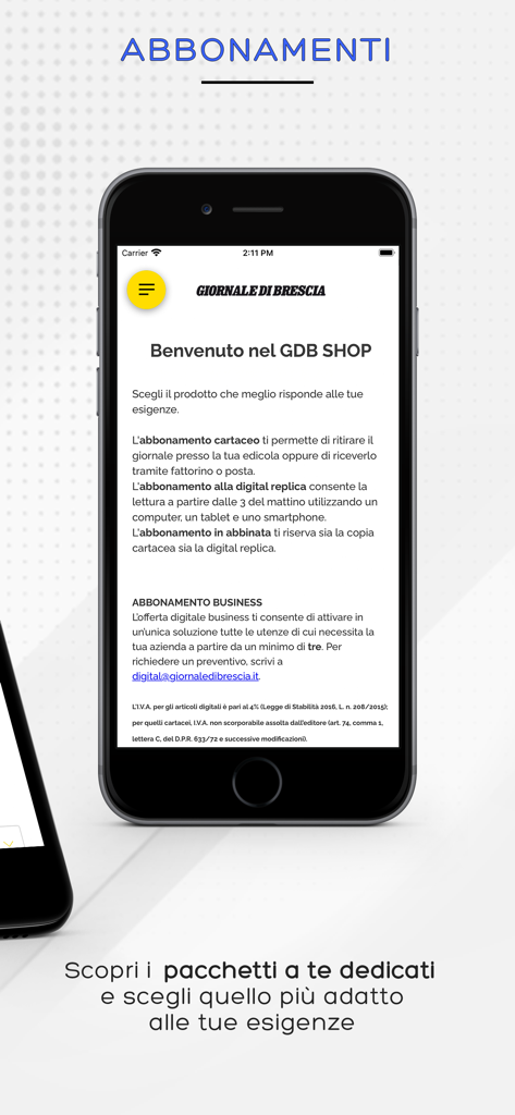 GDB replica - Schermata dello shop di abbonamenti dell'app mobile GDB replica che mostra opzioni per edizioni cartacee e digitali