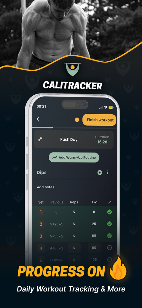 Calisthenics & Gym Tracker - Calitracker mobile app interface displaying a push day workout log with sets and reps tracking for dips