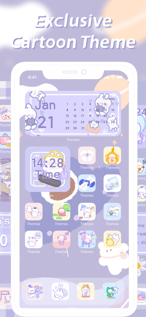 Themes: Color Widgets, Icons - Tema exclusivo de dibujos animados para iPhone con widgets de lavanda e iconos lindos