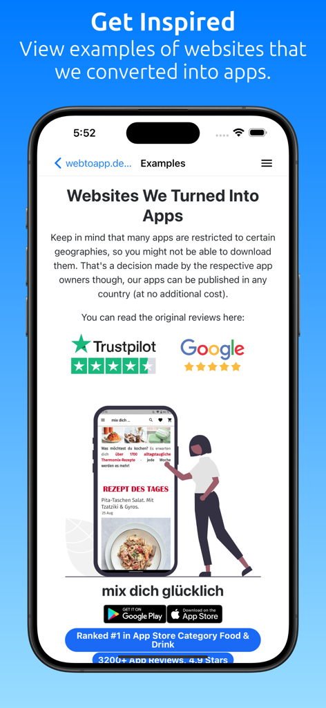 webtoapp.design - webtoapp designプラットフォームを使用してウェブサイトから作成されたモバイルアプリの例を表示するスマートフォン画面