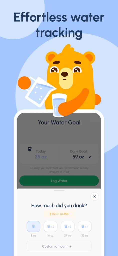 Water tracking interface in the Fastic app showing daily goals and progress