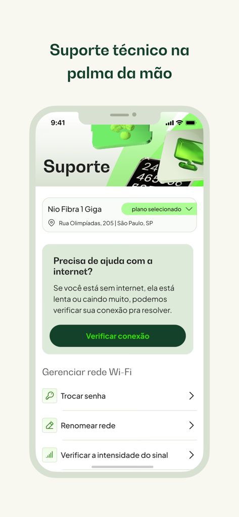 Tela de suporte do aplicativo de fibra Nio com opções de gerenciamento de Wi-Fi e botão de verificação de conexão