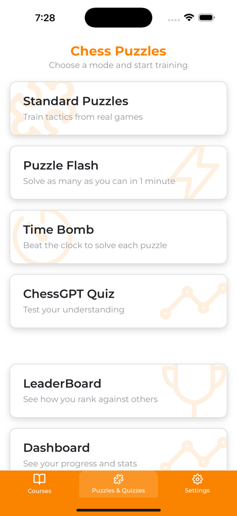 ChessMind AI - ChessMind AI interface displaying multiple puzzle and quiz modes for chess training