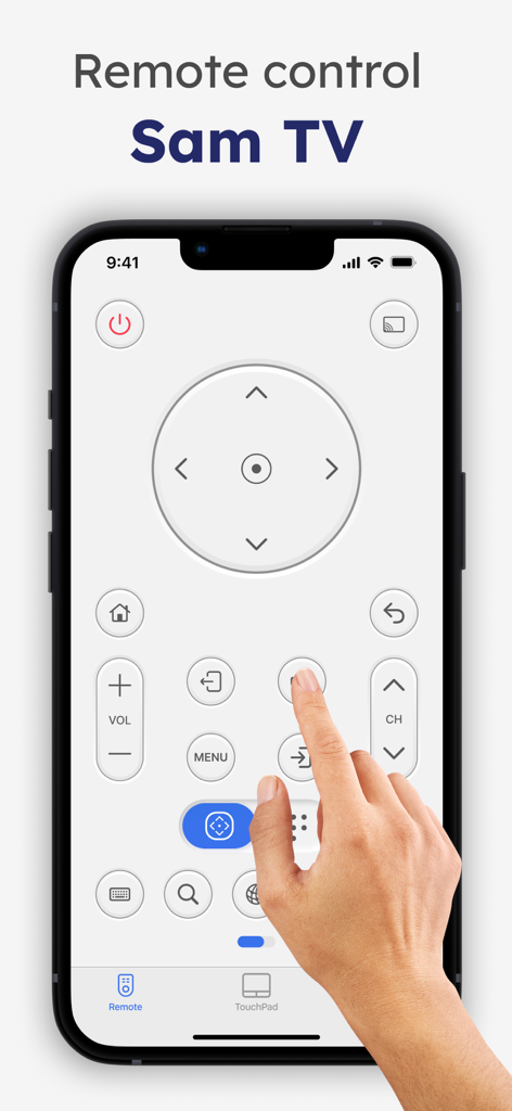Sam TV Remote Control - iPhone interface of Sam TV Remote Control app showing digital buttons and navigation