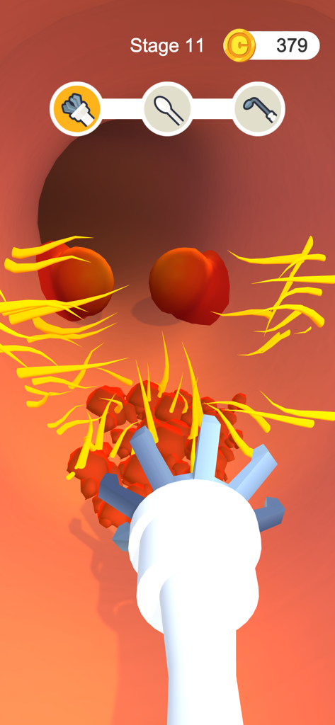 Gameplay of Earwax Clinic showing an ear canal being cleaned with a 3D tool