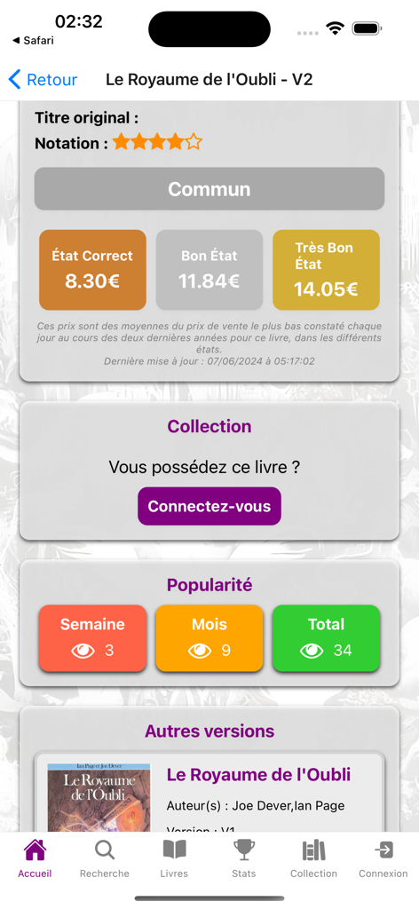 Pantalla que muestra el valor de mercado y el estado de la colección para un librojuego vintage