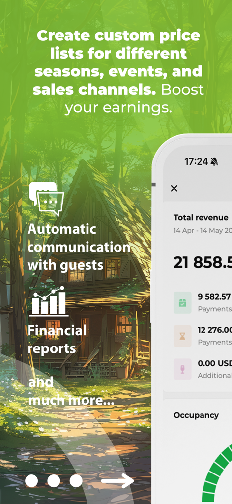 Interface de l'application BedBooking affichant les statistiques de revenus et les rapports financiers sur fond de cabane en forêt