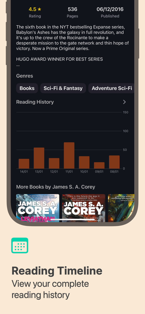 Reading history screen in the Storylines app showing daily progress bars for a specific book
