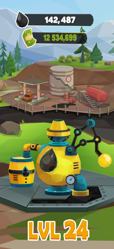Oil Tycoon: Idle Miner Factory - Gameplay di Oil Tycoon che mostra una macchina industriale per l'estrazione petrolifera di livello 24 e una raffineria nel cortile