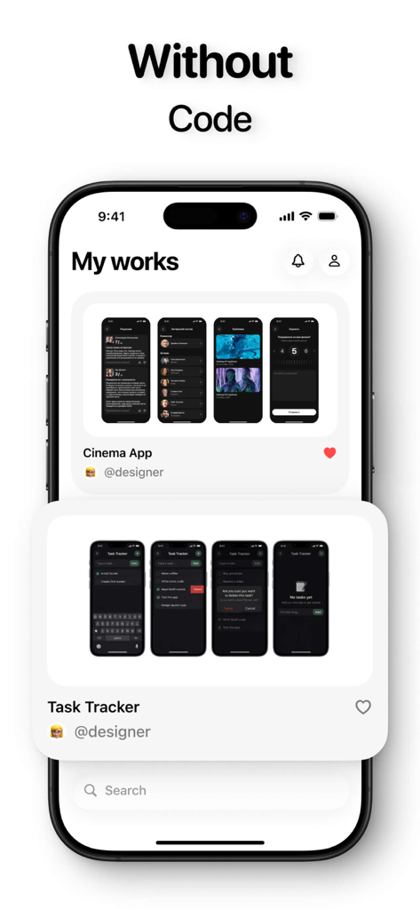 A mobile screen showing the My works section with a portfolio of apps created without code using Rork AI