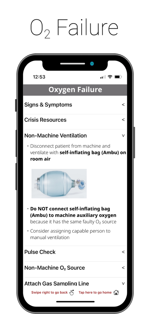 Screenshot of the Emergency Manual app showing medical protocols and checklists for oxygen failure crises including ventilation instructions