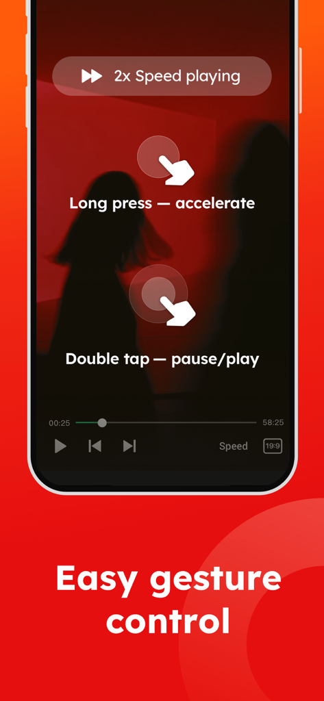 PLAYit-All in One Video Player - PLAYit app screenshot showing easy gesture controls for video playback including double tap to pause and long press to accelerate
