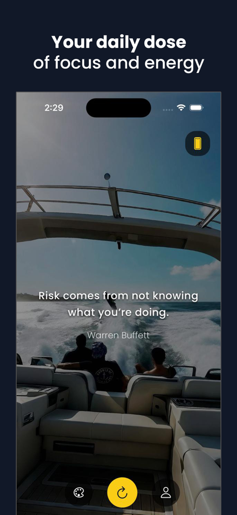 DontQuit - Motivational Quotes - Captura de pantalla de la aplicación DontQuit que muestra una cita de Warren Buffett sobre el riesgo sobre una imagen de fondo de personas en un barco.