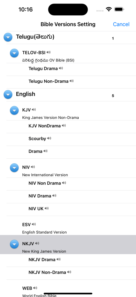 Telugu English Audio Bible - A screen in the app showing Bible version settings with options for Telugu and English translations like KJV and NIV