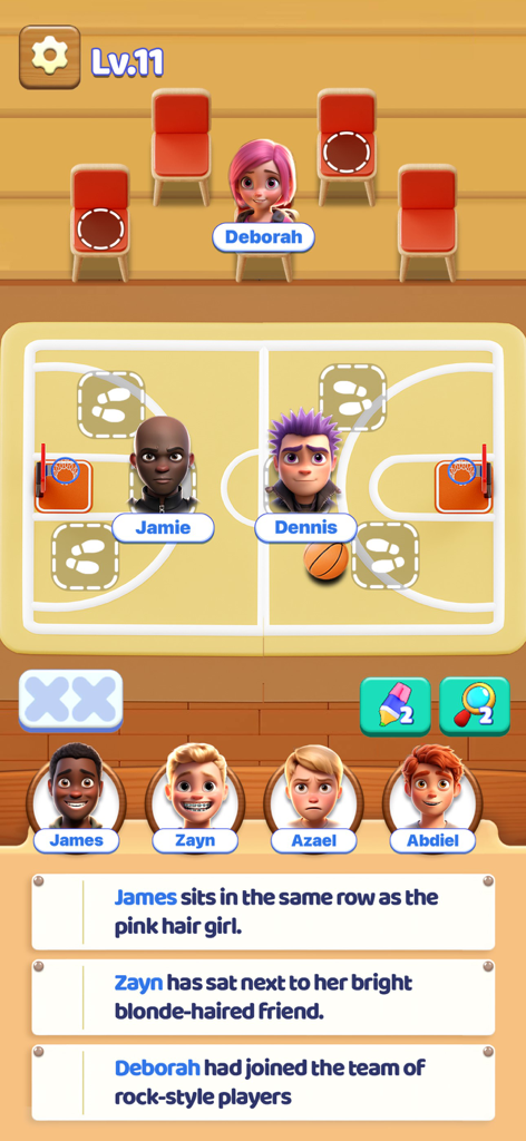 Arrange It! - Logic Puzzle - A logic puzzle game screen showing a seating arrangement challenge with character clues and a basketball court background